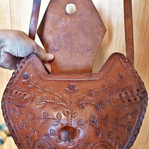 Hand Crafted Tooled Leather Shoulder Bag in Unique Hexagon Shape - Picture 4 of 15
